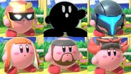 Kirby with the powers of Captain Falcon, Mr. Game and Watch, dark Samus, Inkling, Snake, and Incineroar in Super Smash Bros Ultimate.