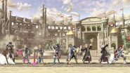 Lucina alongside the other Fire Emblem fighters on Coliseum