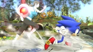 Sonic running away from Wii Fit Trainer to avoid the Gooey Bomb in Super Smash Bros. for Nintendo 3DS/Wii U.