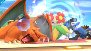 Bellossom using Sweet Scent on Charizard and Lucario in Super Smash Bros. for Wii U.