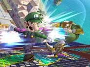 Luigi using Luigi Cyclone on Captain Falcon in Super Smash Bros. Brawl