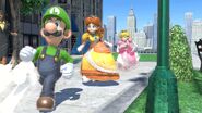 Luigi running with Peach and Daisy in New Donk City Hall.