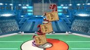 Three R.O.B.s carrying a Rolling Crates in Super Smash Bros. for Wii U