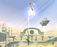 Zero Suit Samus, using the Plasma Wire to attack Pit.