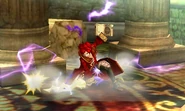 Female Robin's down smash. When used with the Levin Sword, the sparks from the sword can actually hit opponents standing very close behind Robin.