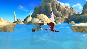 Red Game & Watch and Red R.O.B. (Robotic Operating Buddy) Swimming in Super Smash Bros