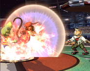 Lucas and Diddy Kong being caught by an exploding Smart Bomb in Super Smash Bros. Brawl