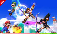 Luigi, Mario, Pit, and Dark Pit are fighting each other.