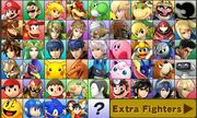 The character selection screen's first page in Super Smash Bros. for Nintendo 3DS with all non-DLC characters unlocked after purchasing at least five DLC characters.