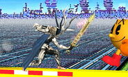 Corrin charging up his side smash attack; while charging, his sword will deal damage to opponents and potentially trap them to be hit by the smash attack when launched.