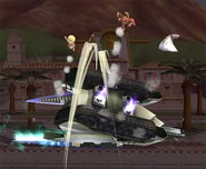 A Landmaster performing a barrel roll.