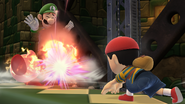 Ness using PK Fire against Luigi and Kirby.