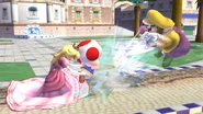 Peach using Toad in Super Smash Bros. Brawl.