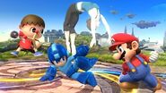 Mario and the 3 newcomers all fighting on the Battlefield stage.