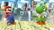 Mario and Yoshi feeling dizzy in the Mushroom Kingdom U stage.