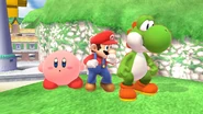 EyO9eTRU8AARh0X.jpg (390 KB) Mario with Kirby and Yoshi in the Delfino Plaza stage.
