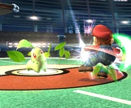 After being summoned, Chikorita uses its attack (Razor Leaf) on Mario in Super Smash Bros. Brawl