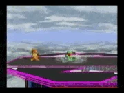 Differences with fast falling: the orange Samus on the left uses the technique, while the green Samus on the right does not.