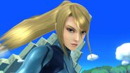 Zero Suit Samus looking into the screen.