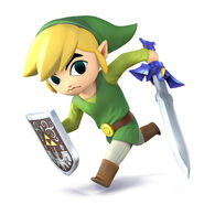 Link wears his green attire, with white pants and little brown boots.