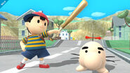 Ness performing a Side Taunt near a Mr. Saturn.