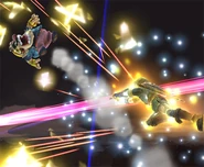 Official screenshot of Wario being launched by Link's Triforce Slash in Super Smash Bros. Brawl.