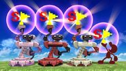 Game & Watch in Red Alternate Costume holding a Special Flag with Three R.O.B.s