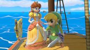 Daisy along with Toon Link in the Pirate Ship stage while using the Back Shield.