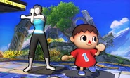 Villager doing his side taunt alongside Wii Fit Trainer.