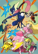 Artwork with Charizard, Pikachu, Mario, Peach, and Toon Link (Note that Mario is in his Fire Mario Costume.)