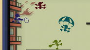 Four replicas of Mr. Game & Watch in their alternate costumes (the yellow one taunting, the blue one using standard attack, the red one jumping, and the teal one descending with a parachute) on Flat Zone X.