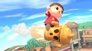 The Villager performing his side special which involves him riding on a rocket gyroid going horizontally; it looks great for horizontal recovery!