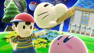 Ness performing a Side Taunt with a Mr. Saturn walking on his bat, along with Kirby look upwards in a suprised way.