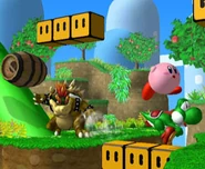 Bowser, Yoshi, and Kirby in Yoshi's Island in Super Smash Bros. Melee.