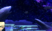 Battlefield in the background of the Smash 3DS All-Star Rest Area at night-time.