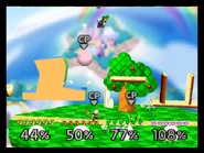 A beta version of Dream Land in the game's coding. The green Luigi is standing, preparing to run, on the invisible barrier.