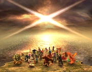 The "X" shown here in the credits sequence marks where the Isle of the Ancients had been.
