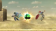 The oblivious Meta Knight and Roy about to hit the Fake Smash Ball.