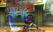 Marth's side smash attack; very powerful when the tip of the sword connects.
