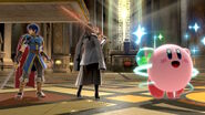 Marth along with Byleth and Kirby in the Garreg Mach Monastery stage.