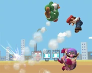 An official Super Smash Bros. Brawl screenshot Wario-Man using Dash Attack on Mario and Yoshi, from Smash Bros. DOJO!!