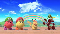 Red Game & Watch, Red Pikachu, Yellow Kirby, and Red Kirby in Rainbow Cruise in Super Smash Bros Ultimate