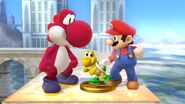 Mario and Yoshi are looking at Green Koopa Troopa Trophy in Super Smash Bros. for Wii U.