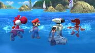 Game & Watch, R.O.B., Mario, and Yoshi Swimming in Wuhu Island in Super Smash Bros. for Wii U