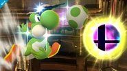 Yoshi throwing an egg at a Smash Ball.