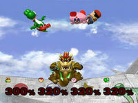 Bowser knocks out Ness, Kirby and Yoshi in Super Sudden Death mode on the Great Fox in Corneria.