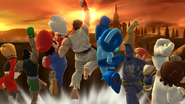 Ryu using Shoryuken alongside Mario, Dr. Mario, Mega Man, Little Mac, Captain Falcon and Mii Brawler.