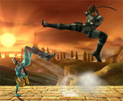 Zero Suit Samus rolls backwards, away from Snake's attack.