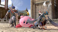 Kirby along with Byleth and Ike in the Garreg Mach Monastery stage.