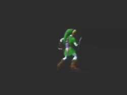 DUMMY, with Link standing on the lone invisible platform of the stage